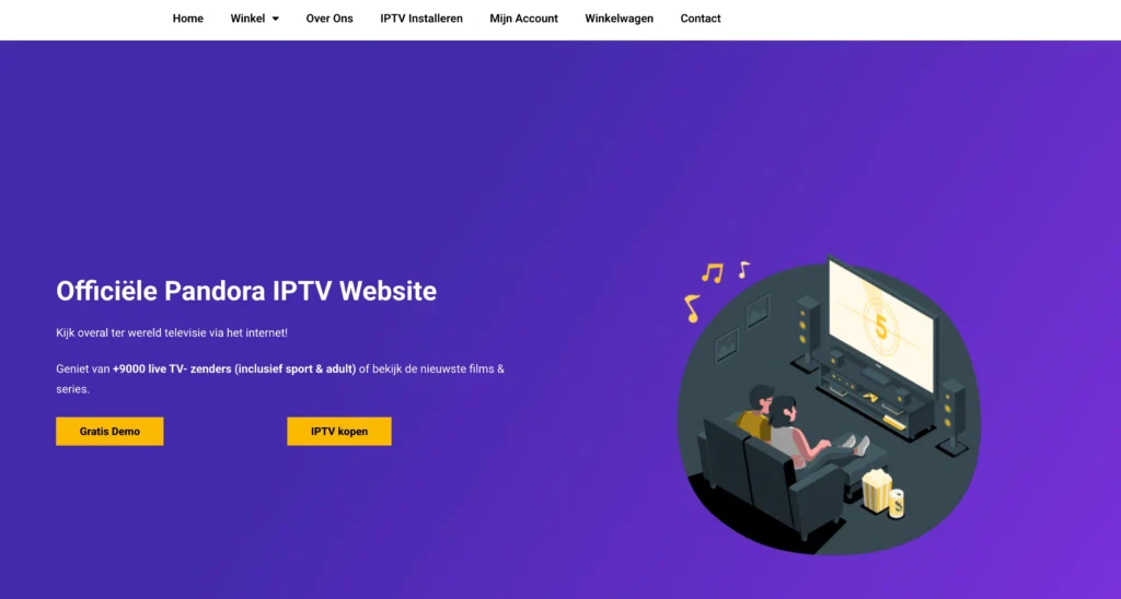 Pandora IPTV website screenshot 2026 met zenderaanbod en prijzen