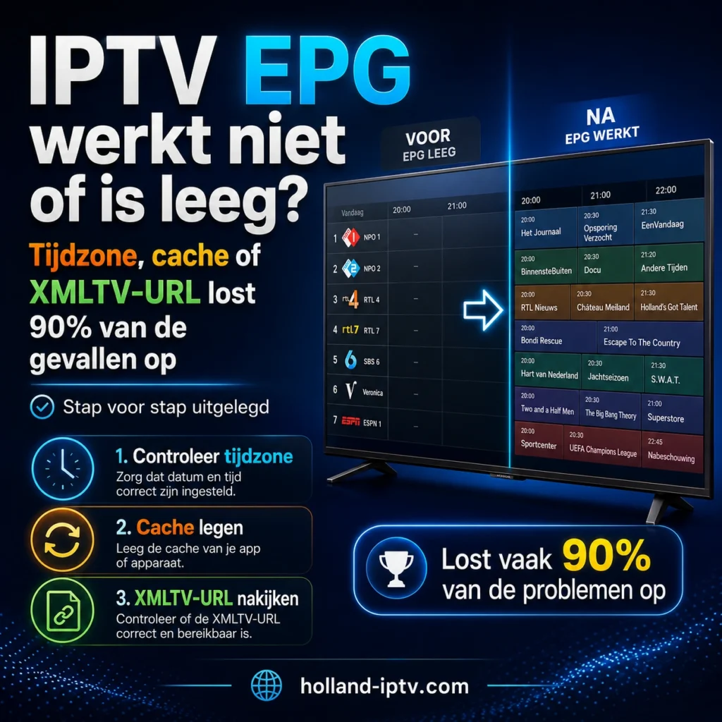 IPTV EPG werkt niet of is leeg gids met stap-voor-stap oplossing voor tijdzone instellingen, cache legen en XMLTV-URL controleren, inclusief voorbeeld van lege EPG die wordt omgezet naar werkende programmagids met live TV schema, 90% probleemoplossing en holland-iptv.com watermark.
