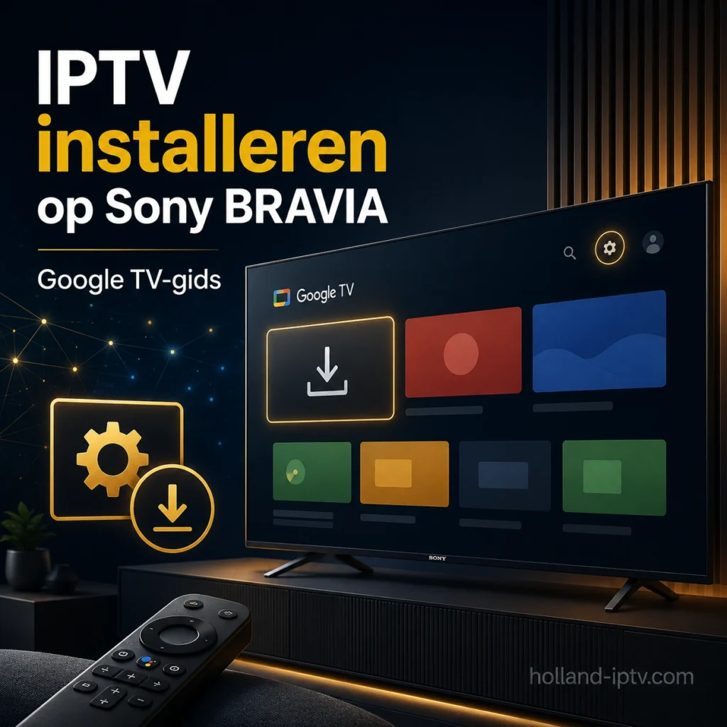 Sony BRAVIA met Google TV-scherm en afstandsbediening voor IPTV-installatie, in de huisstijl van Holland IPTV.