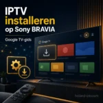 Sony BRAVIA met Google TV-scherm en afstandsbediening voor IPTV-installatie, in de huisstijl van Holland IPTV.